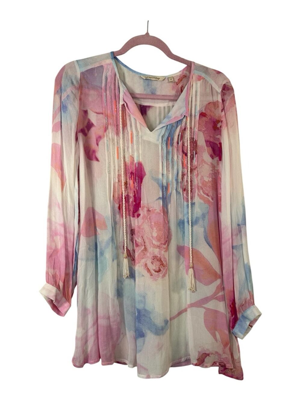Soft Surroundings Watercolor Satin Beaded Blouse Womens M Casual Beachy Summer